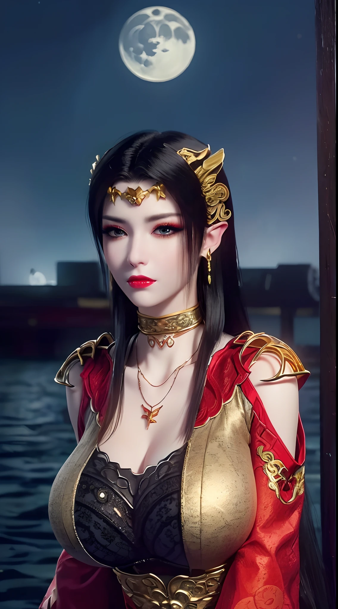 1 reine extrêmement belle, ((porte un costume traditionnel hanfu rouge avec de fins motifs noirs:1.6)), (((Des motifs sur les vêtements:1.6))), ((longs cheveux noirs:1.6)), des bijoux minutieusement fabriqués à partir de pierres précieuses et de beaux cheveux, ((wearing a 24K gold lace necklace:1.4))), Le noble, style noble d&#39;une fille extrêmement belle, son petit visage est super mignon, son visage est très joli, sourcils fins, beau visage impeccable, ((pupilles des yeux au beurre noir: 0.8)), très beaux yeux, ((yeux bleu platine: 1.6)), (((yeux grands ouverts:1.6))), joli maquillage et coiffure, cils détaillés, maquillage des yeux torride, nez haut, des boucles d&#39;oreilles, lèvres rouges, ((bouche fermée: 1.5)) belles lèvres, mains minces, les plus belles cuisses, ((bras écartés sur les côtés: 1.5)), visage rose, visage propre, beau visage impeccable, peau blanche et lisse, (gros seins: 1.5)), ((seins hauts: 1.6)), Seins serrés, Beau décolleté, (((gros seins and super round: 1.8))), ((super Seins serrés: 1.7)) , beaux seins, corps parfait, bras arrière, poitrine ouverte, bas fins en maille noire avec bordure en dentelle noire, Photo 8K, super haute qualité, super réaliste, super 10x pixels, optique, studio lumineux, bords clairs, dual-tone éclairage, (peau très détaillée:1.2), super 8k, soft éclairage, haute qualité, volumetric éclairage, photoréaliste, photoréaliste high resolution, éclairage, meilleure photo, 4K, Qualité 8k, Effet de flou, lisse et tranchant, 10xpixels, ((mer et clair de lune sur fond de nuit:1.5)), Aurore, foudre, super graphismes réalistes, graphismes les plus réalistes, 1 fille, seul, seulement, Image extrêmement nette, surréaliste, (((portrait frontal: 1)))."