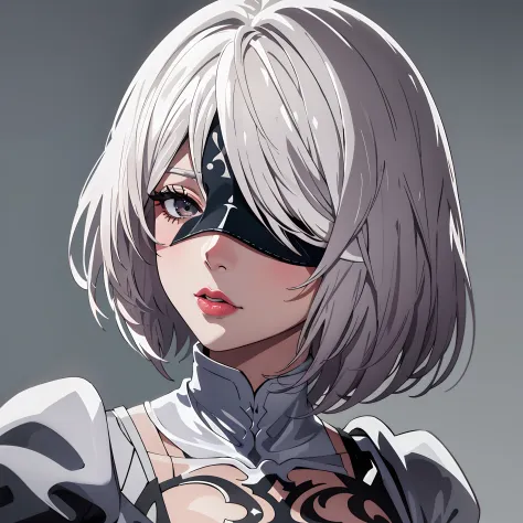 2b, 1girll, Blindfold, black eye mask, Cover eyes, closeup cleavage, Portrait, face, passport, Solo, Short hair, Simple backgrou...