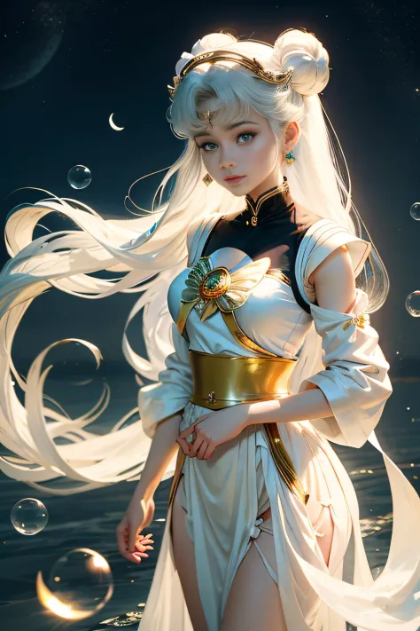 anime girl with long white hair and a gold belt standing in the water, portrait knights of zodiac girl, the sailor galaxia. beau...