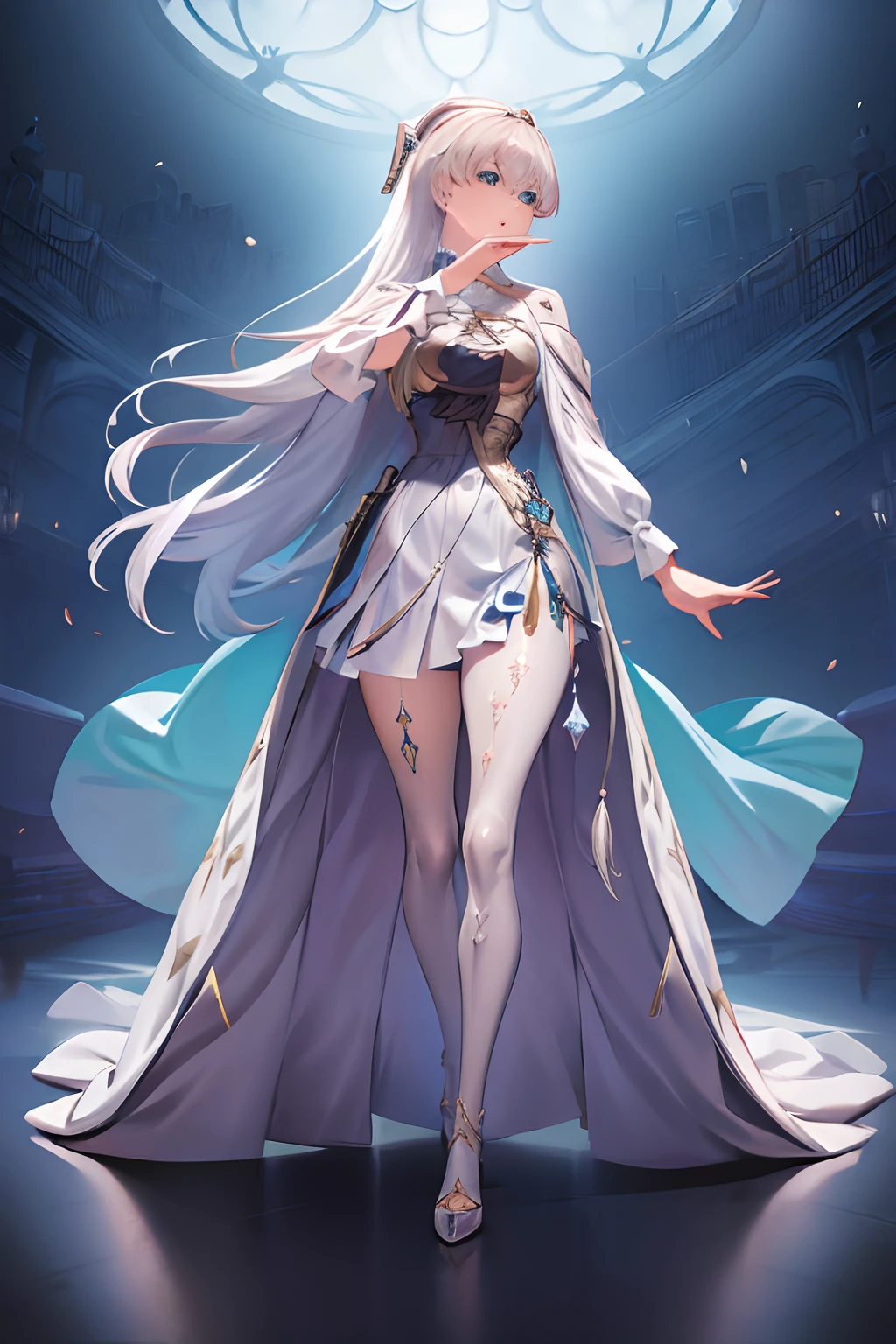 1 obra maestra, extremadamente detallado, 1 chica, solo una niña, inspirado en el cuerpo y la cara de Anastasia del anime FGO, y el cabello de Kamisato Ayaka, combinación perfecta, blue eyes, long brown hair, pechos medianos, de pie, pose dinámica, vestido corto, Zapato con tacones, Medias apretadas para los muslos, muslos anchos, cuerpo completo, anatomía perfecta, Hermoso, Chica de extrema belleza