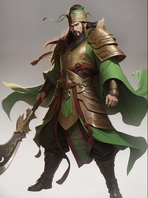 Romance of the Three Kingdoms in Guan Yu image, green armor, green dragon moon knife, green hat, highest quality, high resolutio...