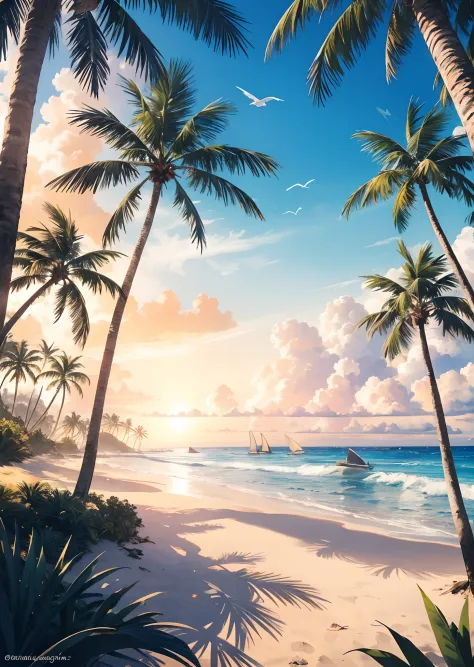 sand, waves, palm trees, a couple walking hand in hand, seagulls flying in the sky, vibrant colors, golden hour lighting, relaxi...