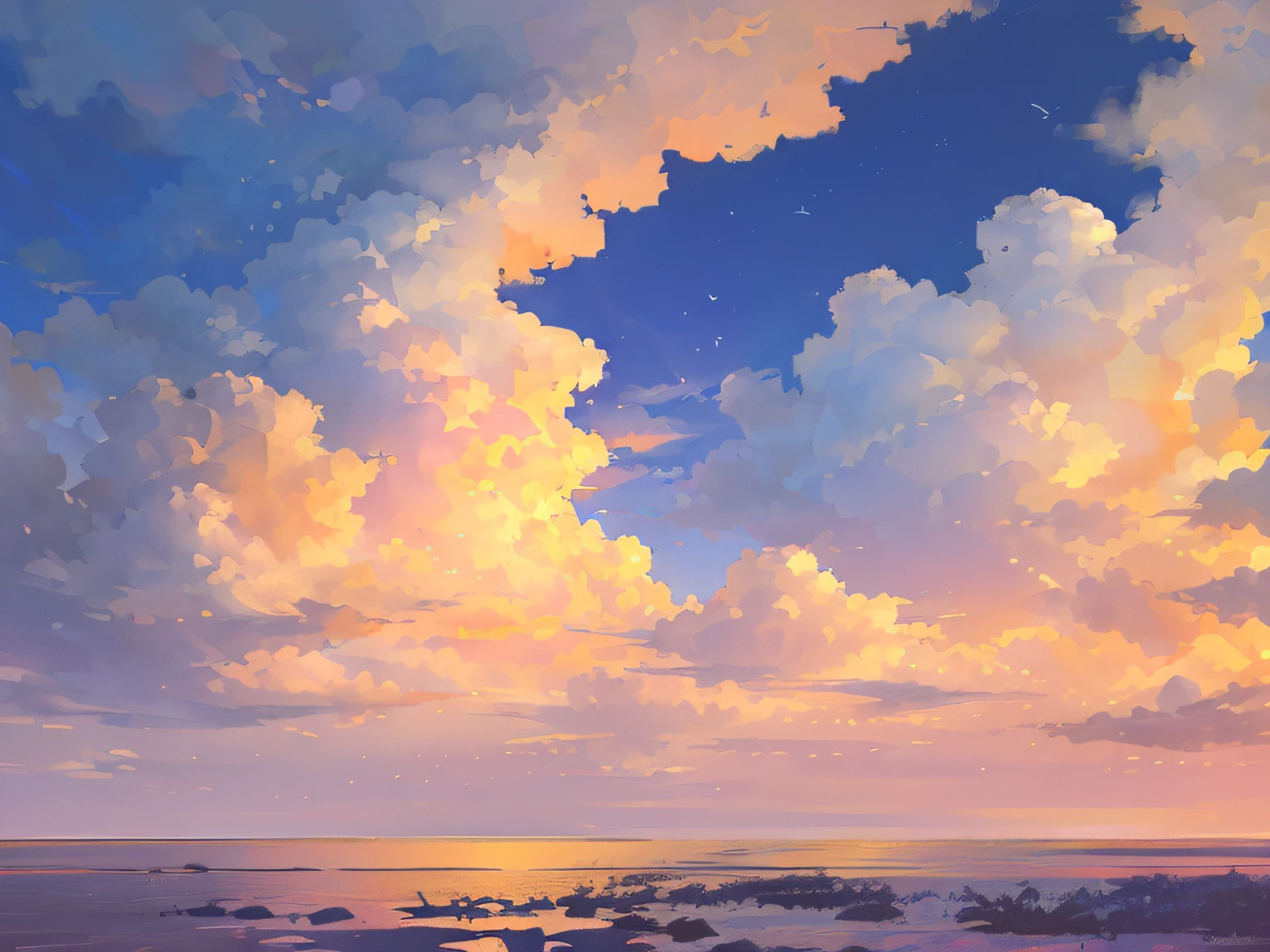 (Best Quality, masutepiece),  skyporn, cloud,  No humans, Bird, Wide Shot, Perspective, Moon, Official art, Wallpaper,8K,hight resolution, Sunset, Star,(masutepiece, Best Quality, High quality, hight resolution, Ultra-detailed),