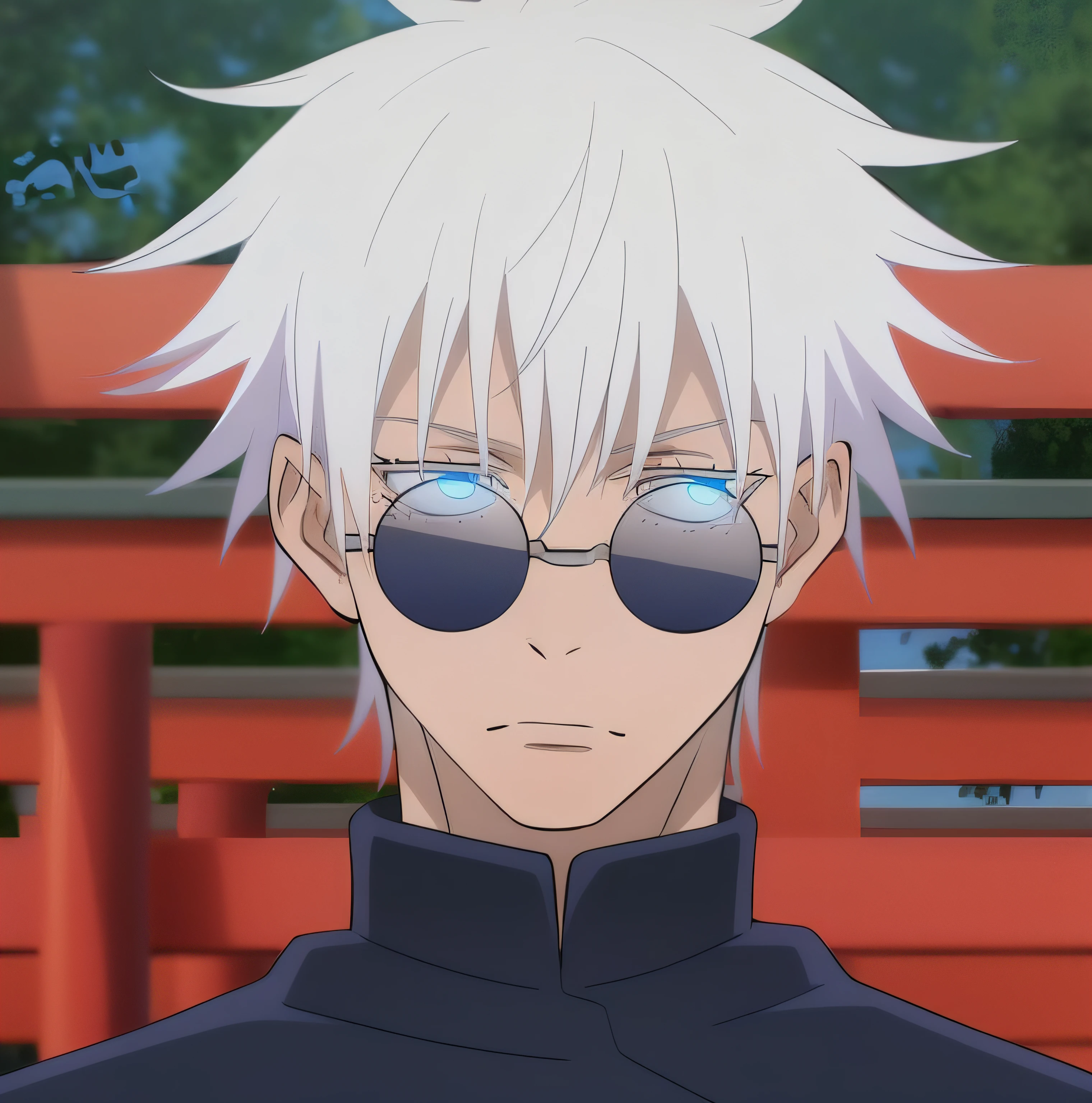 Anime guy with white hair and sunglasses standing in front of a bench -  SeaArt AI