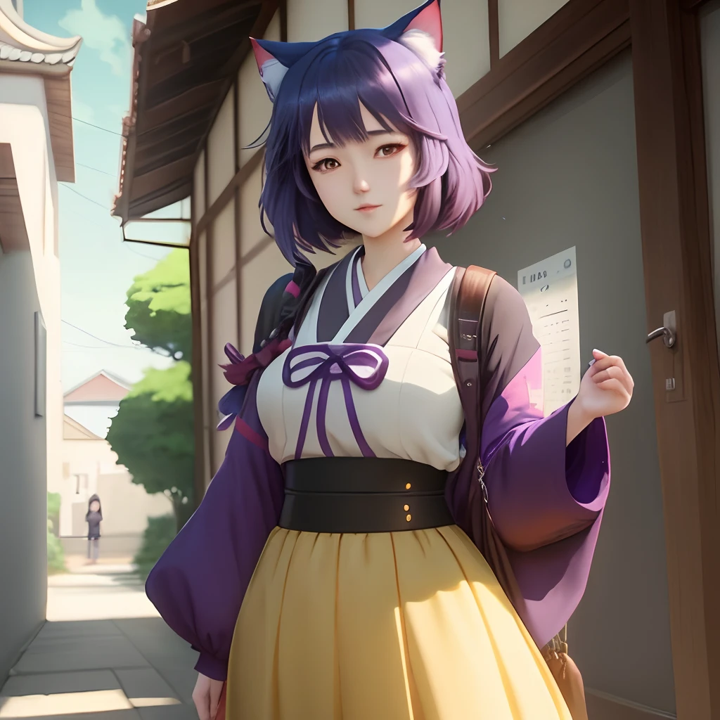 Anime girl in a yellow dress with a cat ears and a purple dress - SeaArt AI