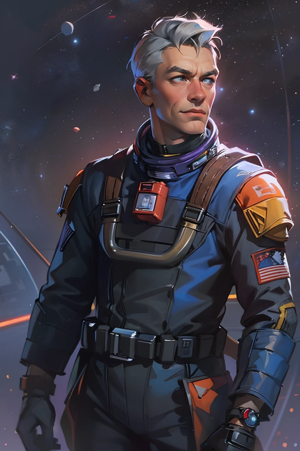 A man with short-cropped gray hair and piercing blue eyes. He is 45 years old. Wears a black space station officer uniform, a space pistol on his waist and a purple bracelet, full body, space western, star wars, star trek, Guardians of the Galaxy, Treasure Planet, space peter pan, young man, tanned skin, ginger, smug, soft smile, adventurous, space pilot, fashion space suit, retrofuturism, atompunk, space opera, character design