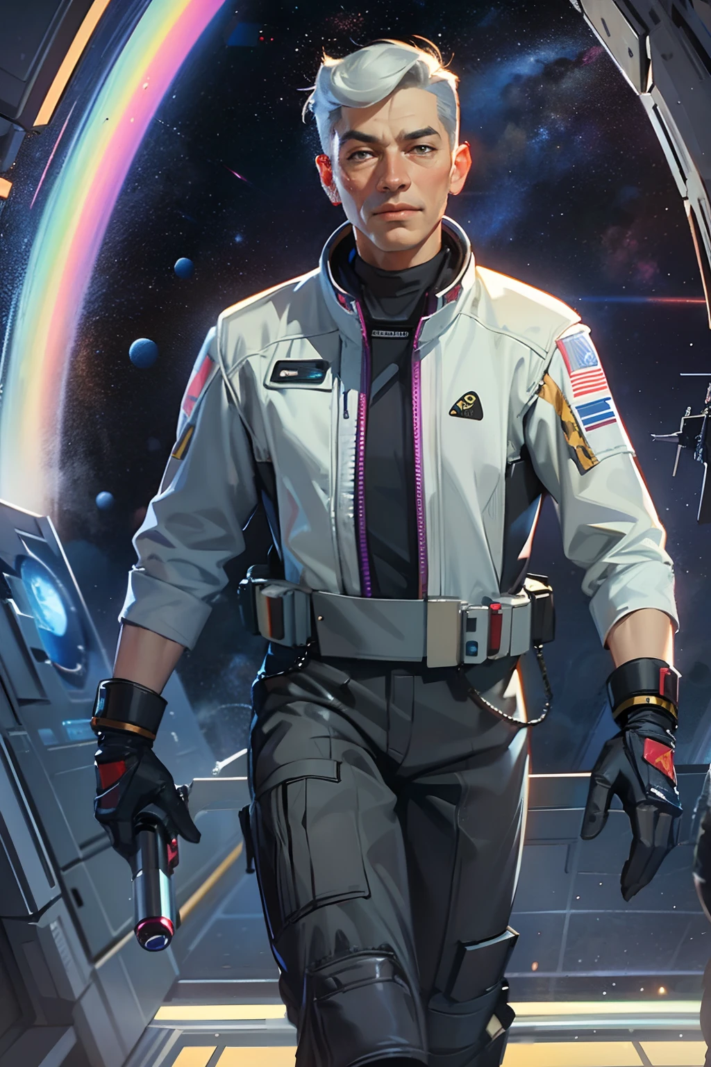 A man with short-cropped gray hair and piercing blue eyes. He is 45 years old. Wears a black space station officer uniform, a space pistol on his waist and a purple bracelet, full body, space western, star wars, star trek, Guardians of the Galaxy, Treasure Planet, space peter pan, young man, tanned skin, ginger, smug, soft smile, adventurous, space pilot, fashion space suit, retrofuturism, atompunk, space opera, character design