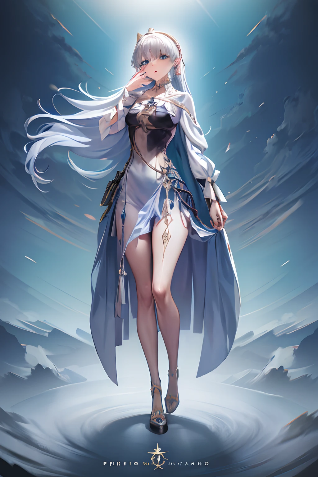 1 masterpiece, extremely detailed, 1 girl, just a girl, inspired by the body and face of Anastasia from the anime FGO, and the hair of Kamisato Ayaka, perfect combination of characteristics, blue eyes, long brown hair, medium breasts, foot, dynamic pose, short revealing dress, shoe with heels, tight thigh stockings, wide thighs, full body, perfect anatomy, beautiful, girl of extreme beauty