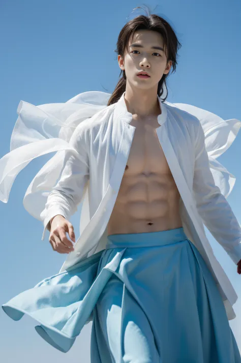 Masterpiece,Best quality,A high resolution,Gufeng Boy,Upper body,Abs, chest muscle，Open the tulle coat，Flying fish skirt