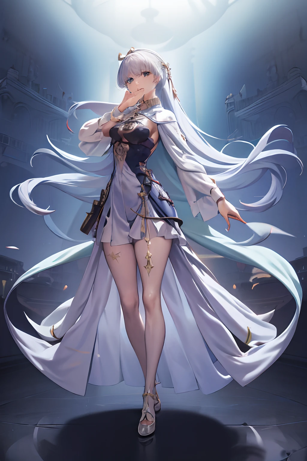 1 masterpiece, extremely detailed, 1 girl, just a girl, inspired by the body and face of Anastasia from the anime FGO, and the hair of Kamisato Ayaka, perfect combination of characteristics, blue eyes, long brown hair, medium breasts, foot, dynamic pose, short revealing dress, sexy dress, shoe with heels, tight thigh stockings, wide thighs, full body, perfect anatomy, beautiful, girl of extreme beauty