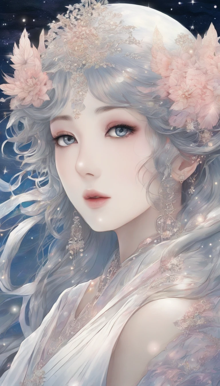 (Best quality,Ultra-detailed,Realistic:1.37),Image of a woman in a flowing chiffon dress,Beautiful and delicate face and lips,Elaborate Eyes,Long eyelashes,Peaceful night sky，The stars twinkle,Ethereal atmosphere