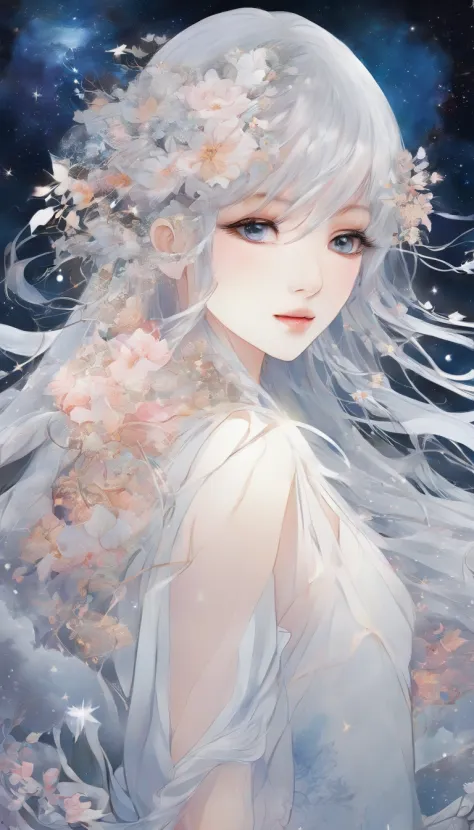 (Best quality,Ultra-detailed,Realistic:1.37),Image of a woman in a flowing chiffon dress,Beautiful and delicate face and lips,Elaborate Eyes,Long eyelashes,Peaceful night sky，The stars twinkle,Ethereal atmosphere