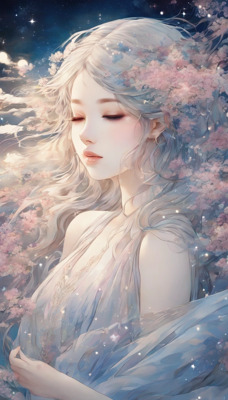 (Best quality,Ultra-detailed,Realistic:1.37),Image of a woman in a flowing chiffon dress,Beautiful and delicate face and lips,Elaborate Eyes,Long eyelashes,Peaceful night sky，The stars twinkle,Ethereal atmosphere