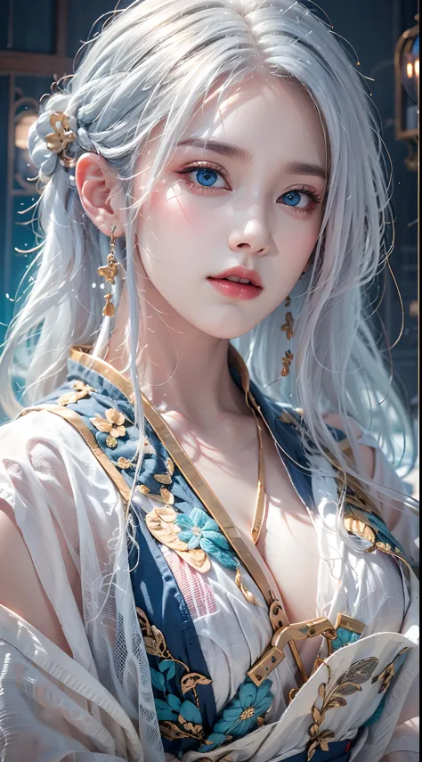 photorealistic, high resolution, soft lights, 1women, solo, hips up, blue eyes, white hair, long hair, hanfu jewelry, tattoo