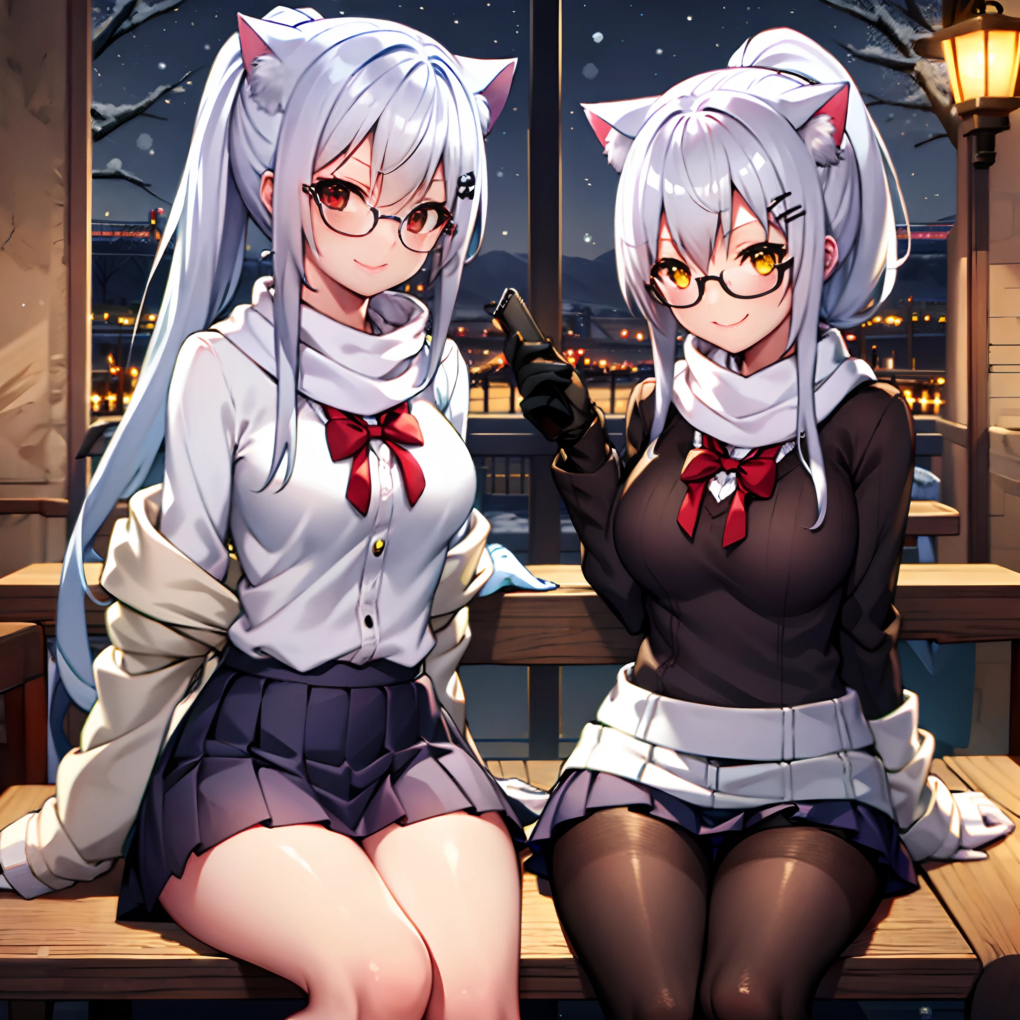 girls, white hair, yellow eye, cat ear, glasses, short skirt, school outfit, medium breast, stocking, ponytail hair style, night theme, park theme, sit on the chair, winter, medium thigh, kuudere