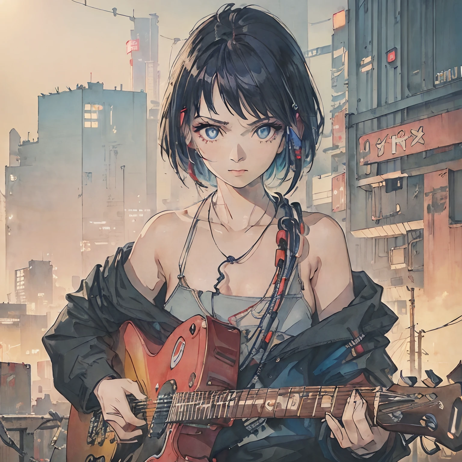 (((alta calidad))), (((Obra maestra))) ,((( 4k))), (((Realista))), (((alta definición))), (((Ilustración generada por computadora,))) (((Expresión CG de estilo anime.))) , (((destello de lente))), (((1 chica, guitarist))), ((Guitarra eléctrica negra)), (((mirando al espectador))), (((tiro de vaquero))), (((Cara muy detallada))), Usando un vestido negro, (((Blue eyes, ojos grandes, pestañas largas, pelo corto rojo, pecho plano))), (Cyber Headgear), Muchas computadoras, ((Muchos cables están conectados al contenedor.)), (((ciberpunk))), (((Decadente))), (ciudad muy detallada)