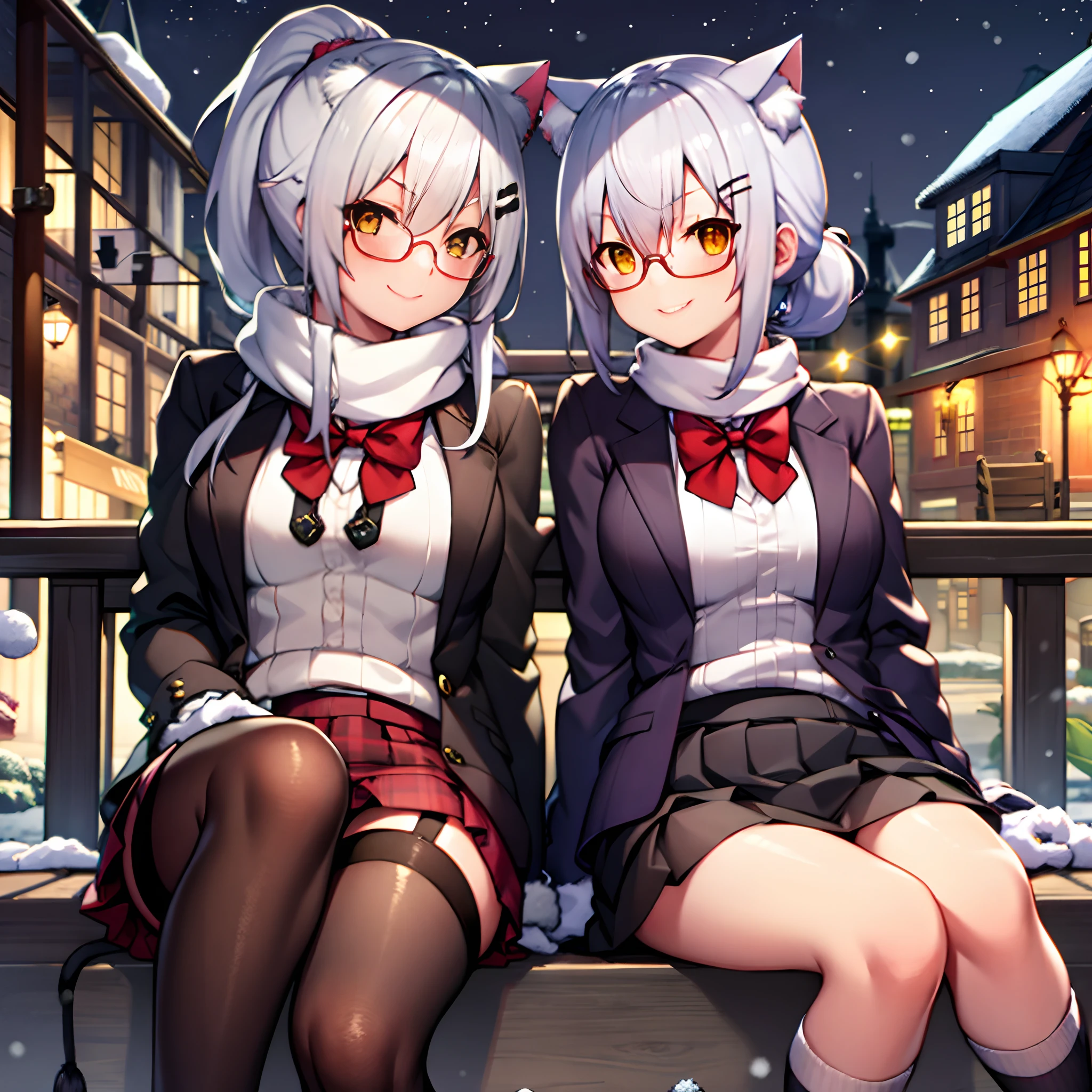 girls, white hair, yellow eye, cat ear, glasses, short skirt, school outfit, medium breast, stocking, ponytail hair style, night theme, park theme, sit on the chair, winter, medium thigh, kuudere