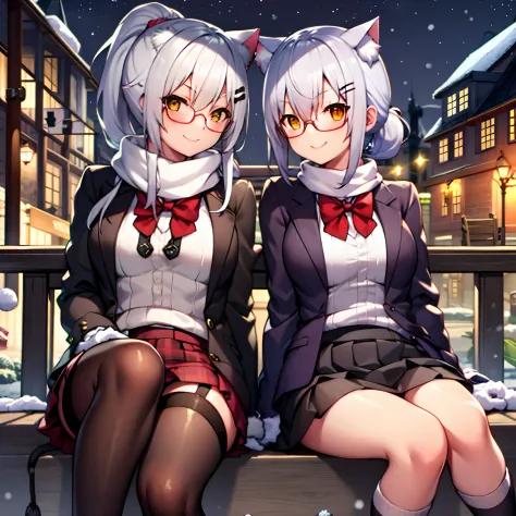 girls, white hair, yellow eye, cat ear, glasses, short skirt, school outfit, medium breast, stocking, ponytail hair style, night...