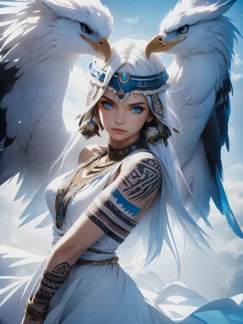 masterpiece, cowboy shot, (1woman), (white fox), (tribal dress:1.2), (beautiful blue eyes), ((tribal (eagle) tattoo)), white and...