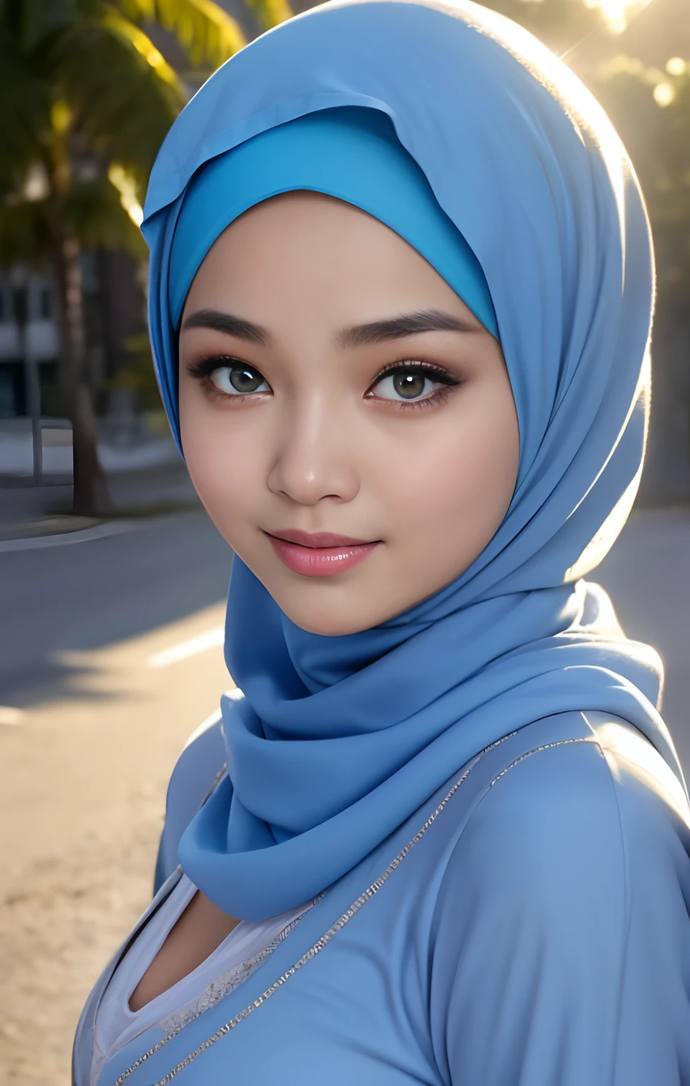 A woman wearing a blue hijab poses for a picture - SeaArt AI