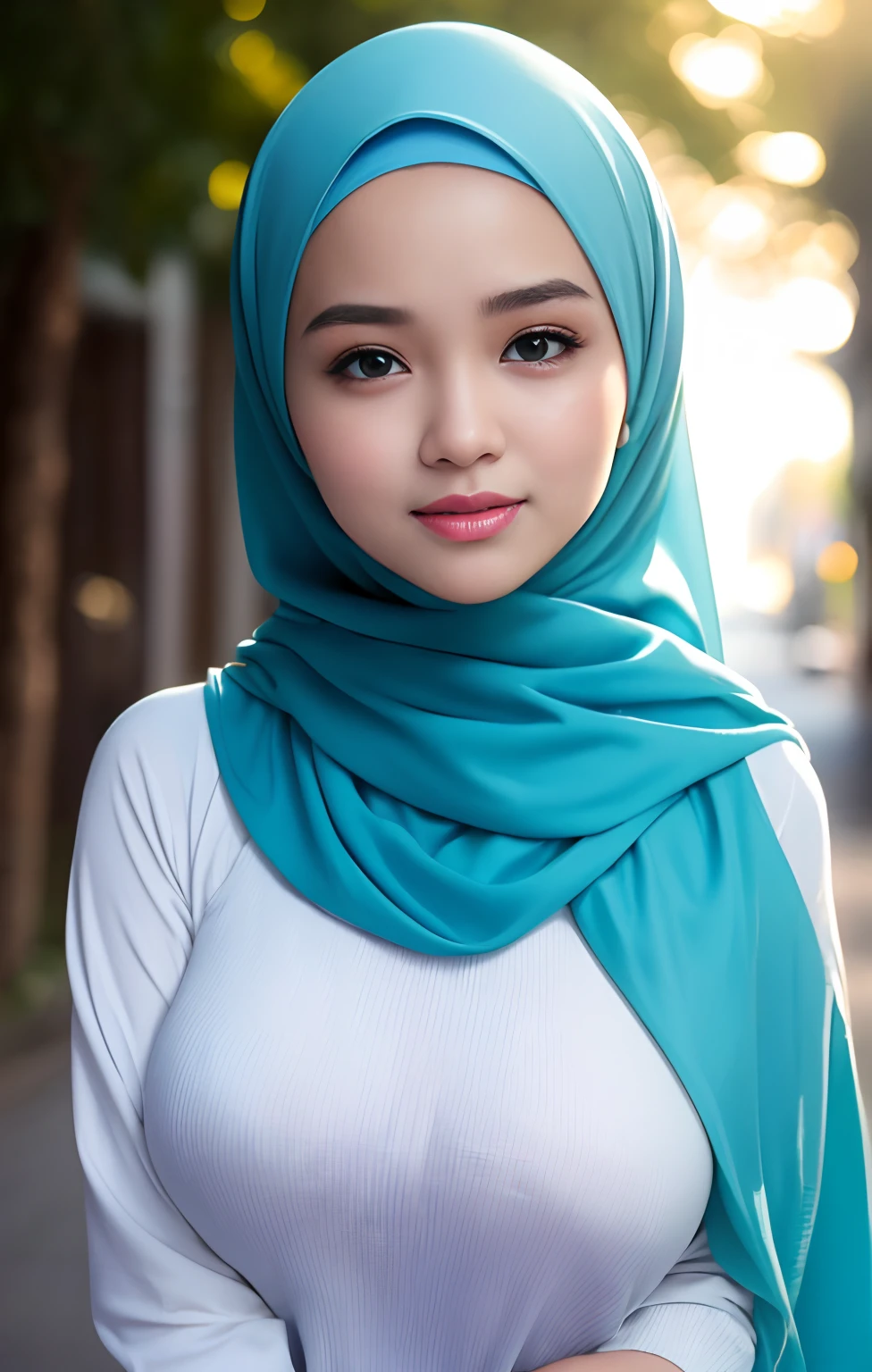 A close up of a woman wearing a blue scarf and white shirt - SeaArt AI