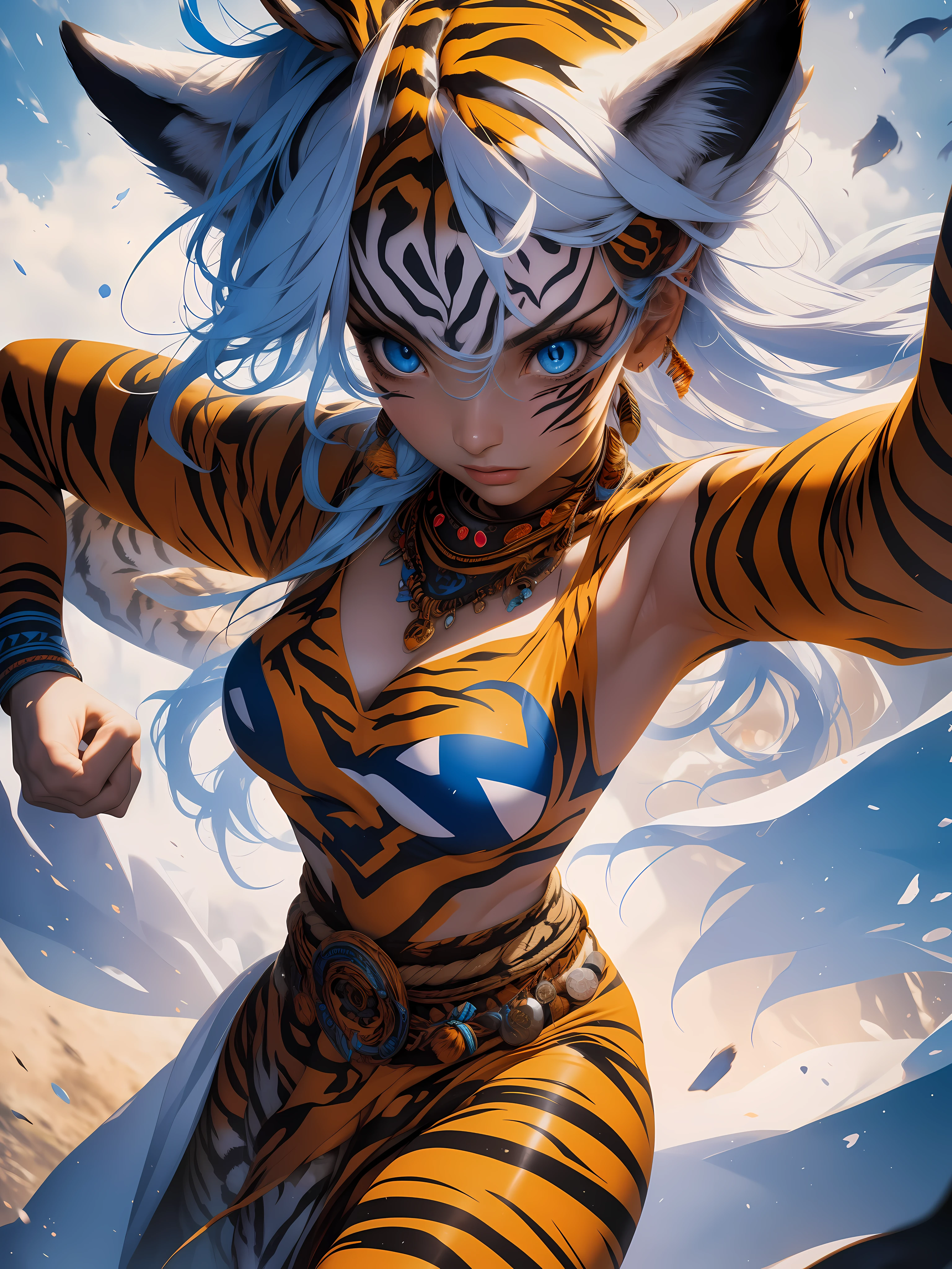 masterpiece, Cowboy shot, (1woman), (1 Tiger), (tribal dress:1.2), (beautiful blue eyes), (tribal fox tattoo), white, orange and blue colors, foggy background, dynamic pose, (looking at viewer), (front view), (from sky), (bokeh:1.2)