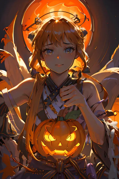 (best quality,4k,8k,highres,masterpiece:1.2),ultra-detailed,(realistic,photorealistic,photo-realistic:1.37),A girl with long blonde hair, soft blue, in Halloween T-shirt carving a pumpkin for Halloween, intricate pumpkin carving, beautiful detailed eyes, b...