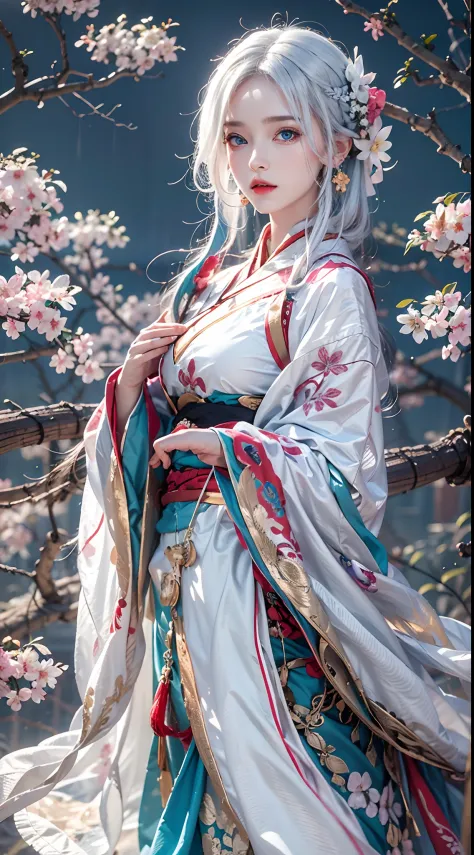 photorealistic, high resolution, soft lights, 1women, solo, hips up, blue eyes, white hair, long hair, hanfu, hips up, jewelry, ...