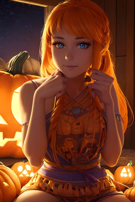 (best quality,4k,8k,highres,masterpiece:1.2),ultra-detailed,(realistic,photorealistic,photo-realistic:1.37),A girl with long blonde hair, soft blue, in Halloween T-shirt carving a pumpkin for Halloween, intricate pumpkin carving, beautiful detailed eyes, b...