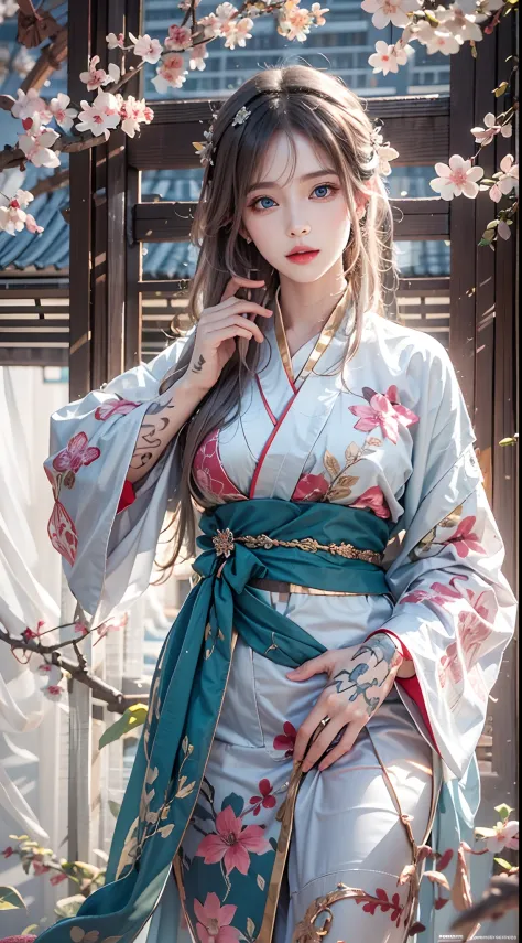 photorealistic, high resolution, soft lights, 1women, solo, hips up, blue eyes, long hair, hanfu, hips up, jewelry, tattoo, cher...