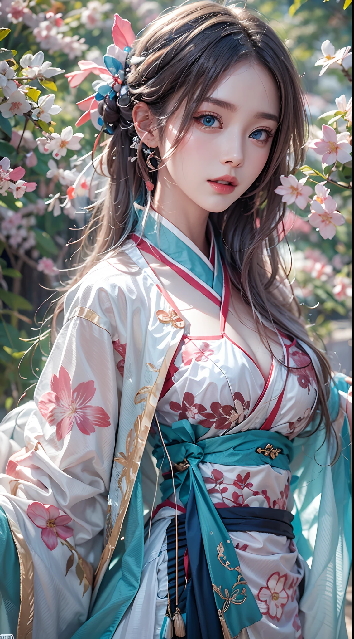 photorealistic, high resolution, soft lights, 1women, solo, hips up, blue eyes, long hair, hanfu, hips up, jewelry, tattoo, cherry blossom