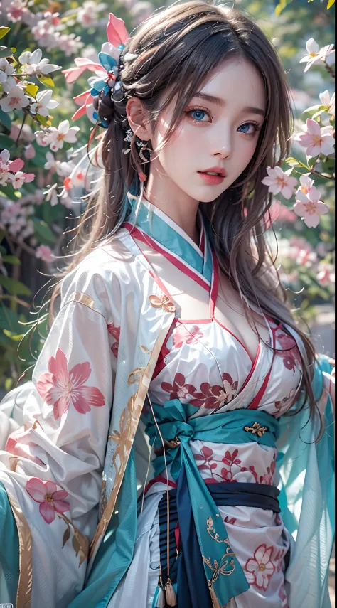 photorealistic, high resolution, soft lights, 1women, solo, hips up, blue eyes, long hair, hanfu, hips up, jewelry, tattoo, cher...