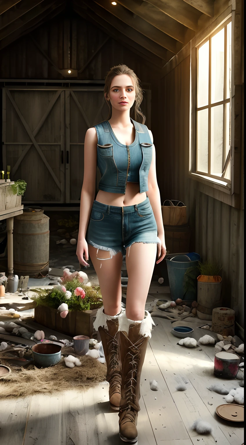 Ultra-realistic full-body photos ((Woman in cluttered barn wearing sexy shabby tattered cotton vest)), ((detailed realistic face and eyes)), Cinematic lighting, 8K resolution, (ModelShoot style), Sunset, (From_Below:1.4), soft small covered by (Tear the torn cotton vest), Natural breasts，big breasts thin waist，Giant buttocks，Long legs，Martin boots。