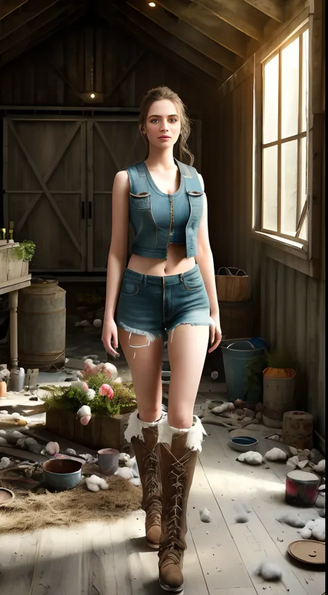 Ultra-realistic full-body photos ((Woman in cluttered barn wearing sexy shabby tattered cotton vest)), ((detailed realistic face...