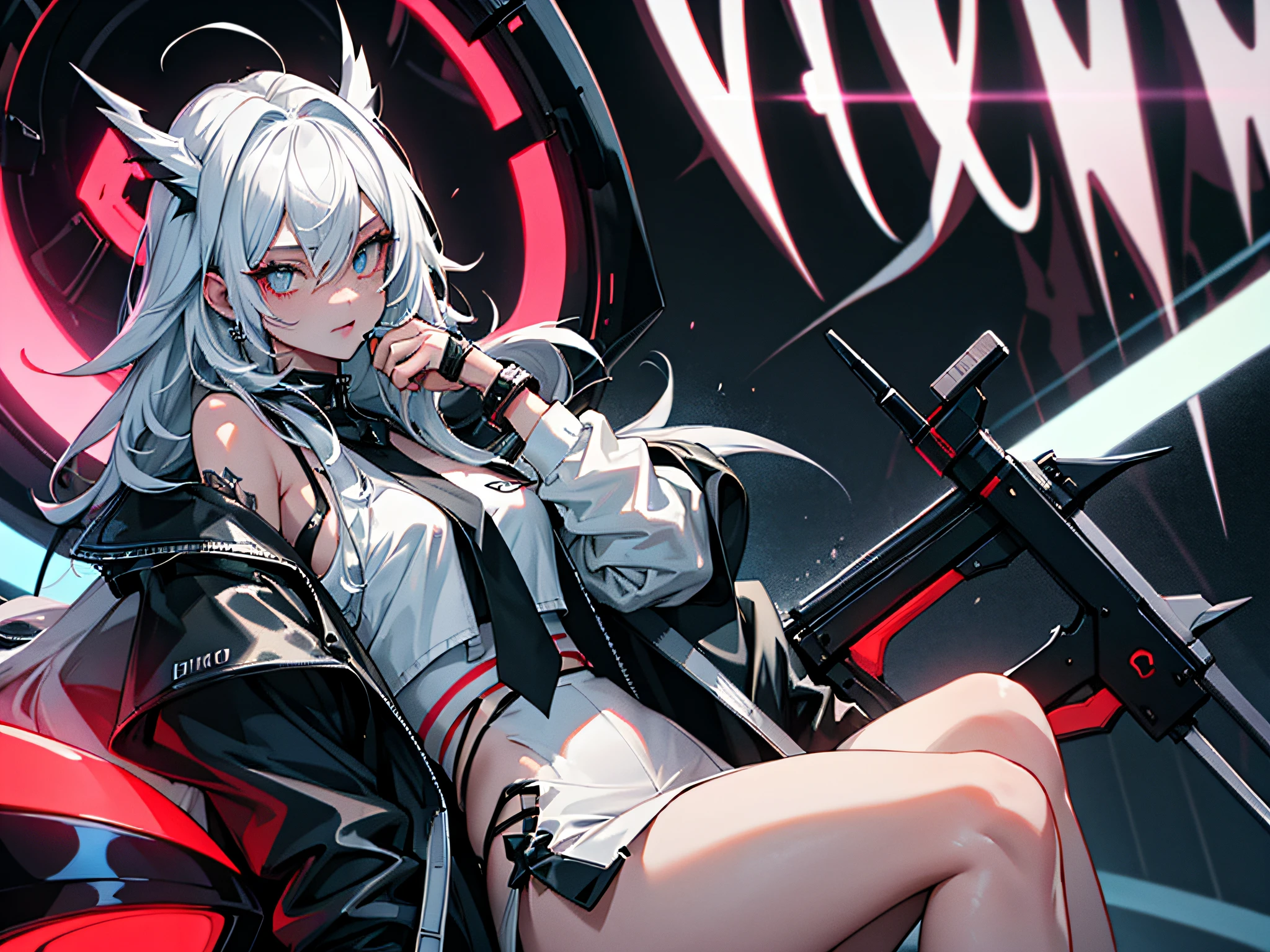 Anime girl with gun sitting on a motorcycle in front of a neon sign -  SeaArt AI