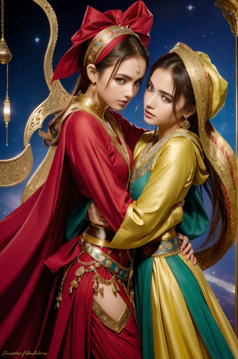 2 girls kneeling,duo,top-quality、Extremely Delicately Beautiful、(Strange blue and red eyes)、arabian clothes 、silber hair、femele、...