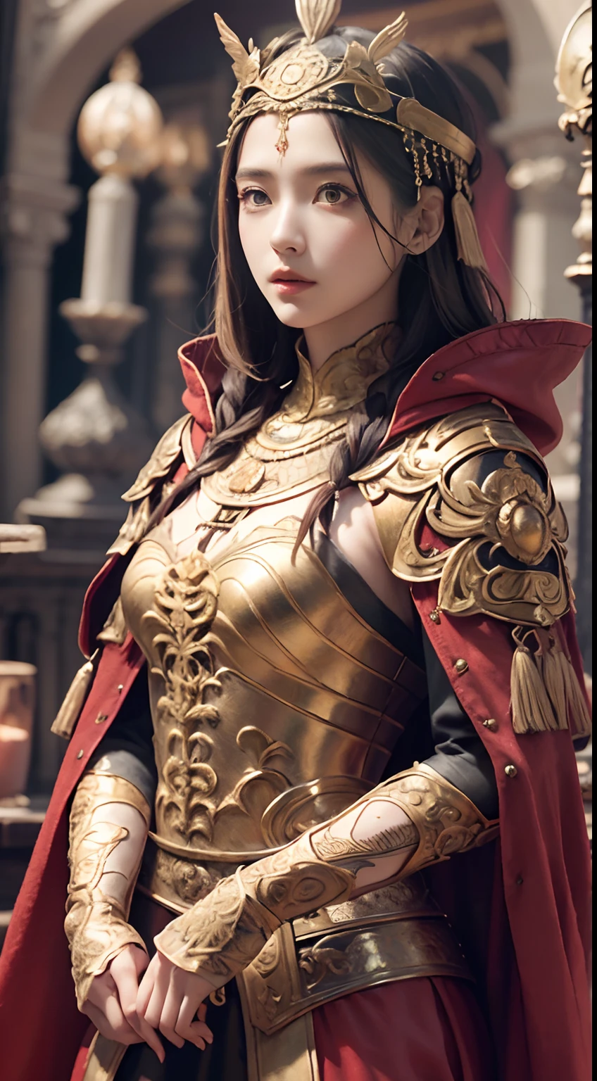 ((Masterpiece))), ((Best Quality))), ((Ultra Detailed)), (Surreal), (Highly Detailed CG Illustration), Cinematic Light, Realistic, Very Beautiful Young Lady,Sexy, Light Makeup,, Intricate Details EABA, Red Cloak, Spear