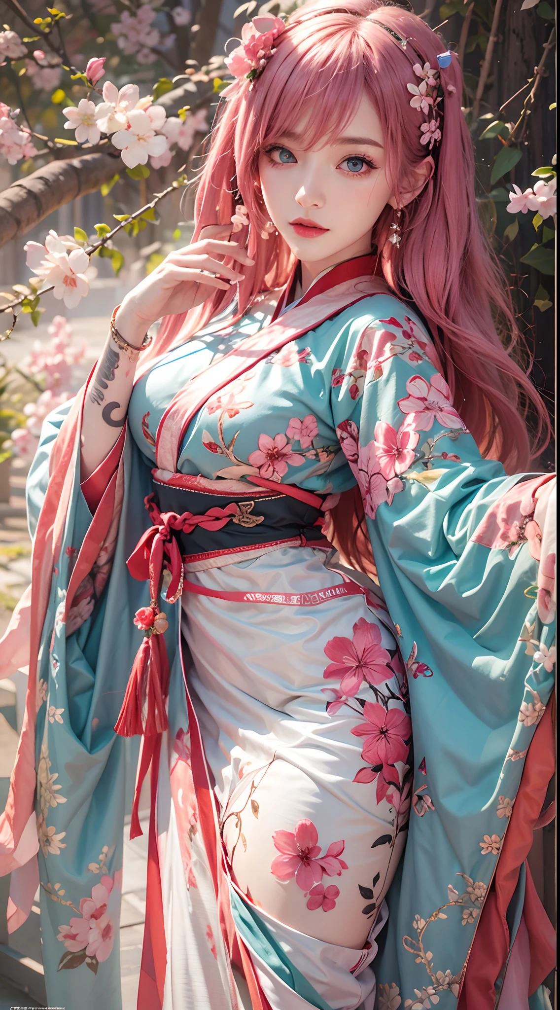 photorealistic, high resolution, soft lights, 1women, solo, hips up, blue eyes, pink hair, long hair, red hanfu, hips up, jewelry, tattoo, cherry blossom