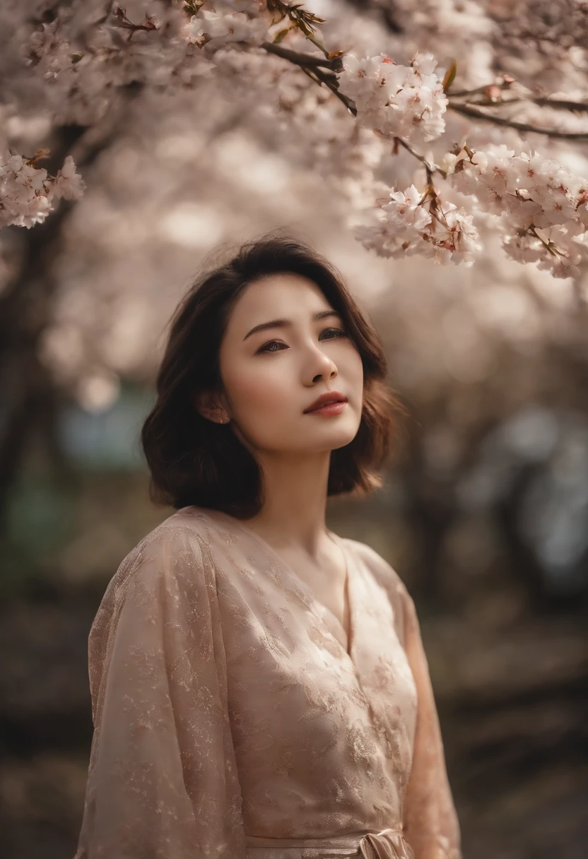 1girll,Black hair, Floating hair, Seaside,scenery,landscape,Cherry blossoms, Falling petals, rays of sunshine,god light,Upper body,  colours,dress,komono