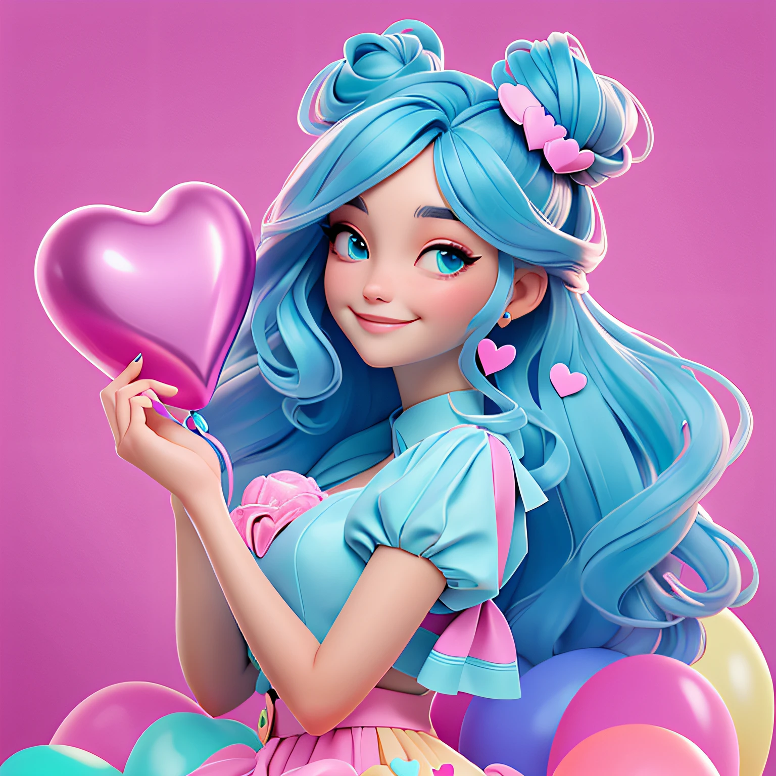 A woman holds a colorful heart-shaped balloon. Her hair is stuck in a messy bun. The background is filled with a pastel shade of light blue, evoking a sense of lightness and happiness.