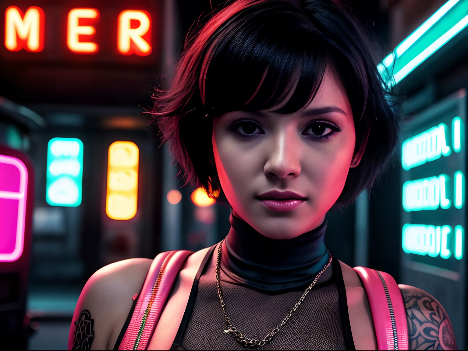 A woman with a necklace and a choker in a neon city - SeaArt AI