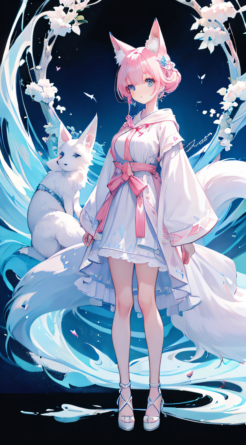 Fox royal sister，fox ear，Blue fox with big tail，A pink-haired，Big white fox on the back，Blue robe，Long heels，stand posture，folding fan，Blue frieze ，Full body standing painting