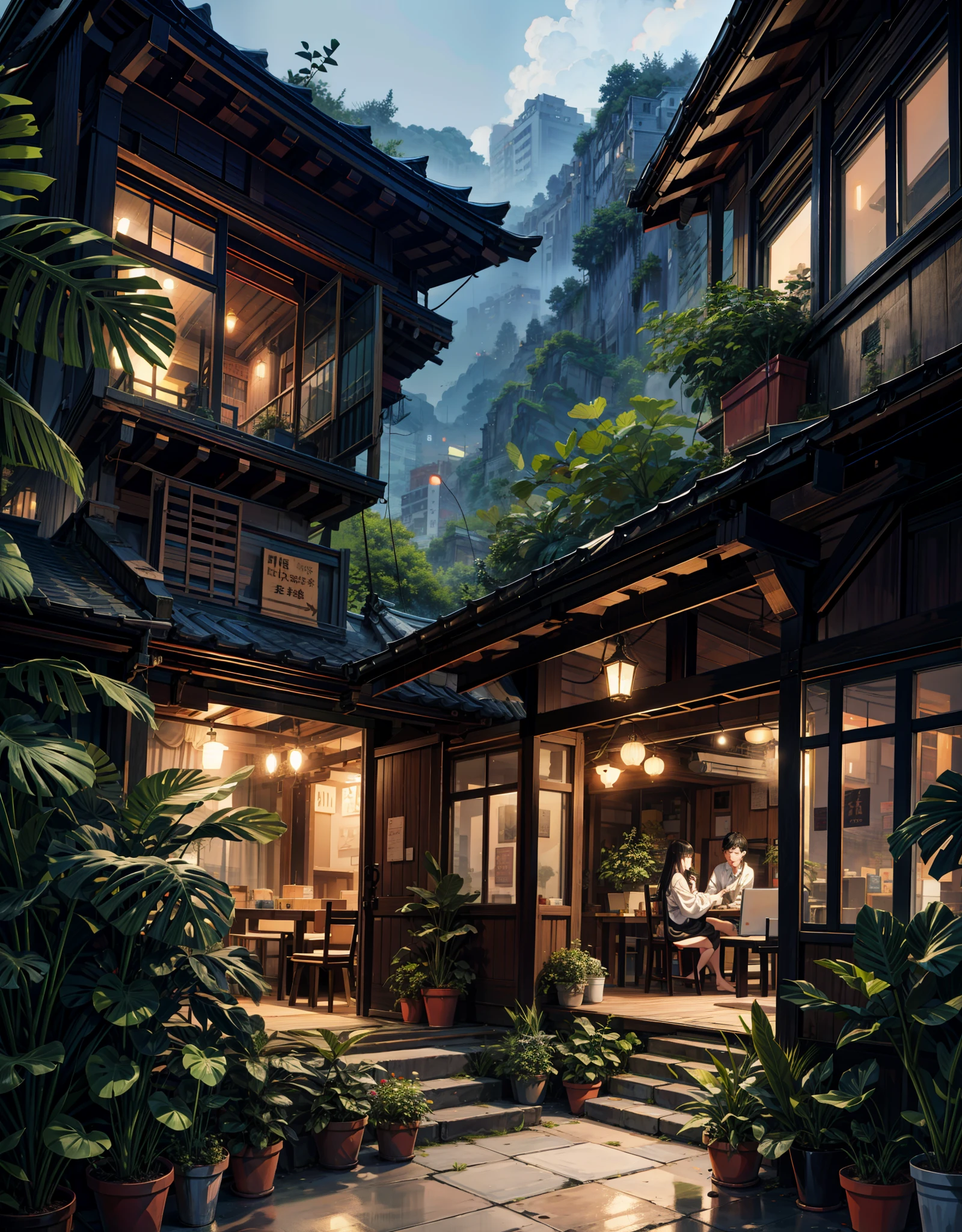 painting of a midnight Chongqing view, beautiful calm lofi vibe,monstera plant, hanging lights  ,chair,table 4k hd, cloud,beautiful art uhd 4 k, a beautiful artwork illustration, beautiful digital painting, highly detailed digital painting, beautiful digital artwork, detailed painting 4 k, very detailed digital painting, rich picturesque colors, gorgeous digital painting