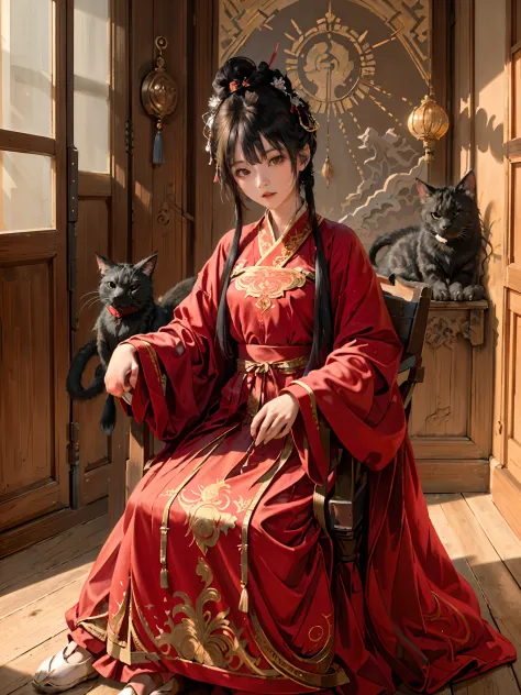 absurdres, highres, ultra detailed, (1girl:1.3), hand drawn, simple line, 16yo girl in red color Chinese Hanfu , masterpiece, sitting at the chair, indoor, ancient room, moon light, with a black cat, night time, (1 cat)