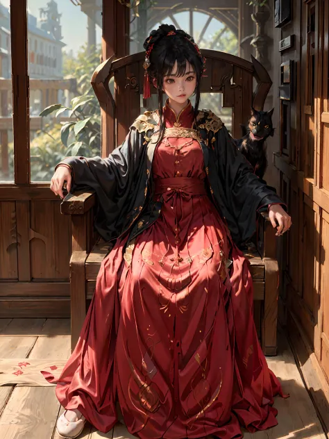 absurdres, highres, ultra detailed, (1girl:1.3), hand drawn, simple line, 16yo girl in red color Chinese Hanfu , masterpiece, sitting at the chair, indoor, ancient room, moon light, with a black cat, night time, (1 cat)
