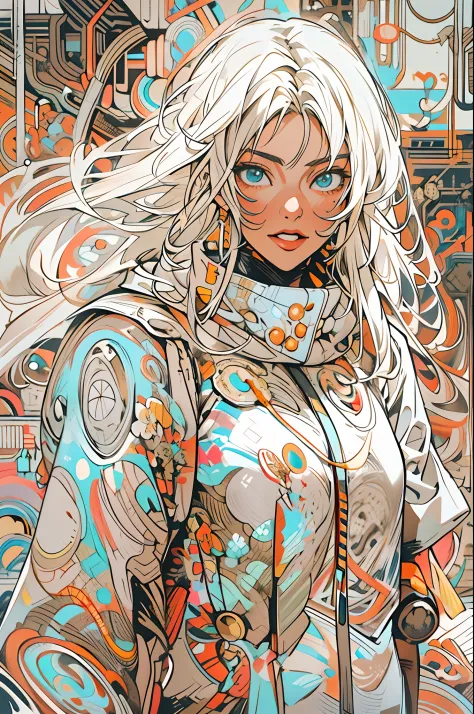 1monk warrior girl with white techwear clothes, white long hair, laces, abstract vintage scifi background, art by Moebius, art b...