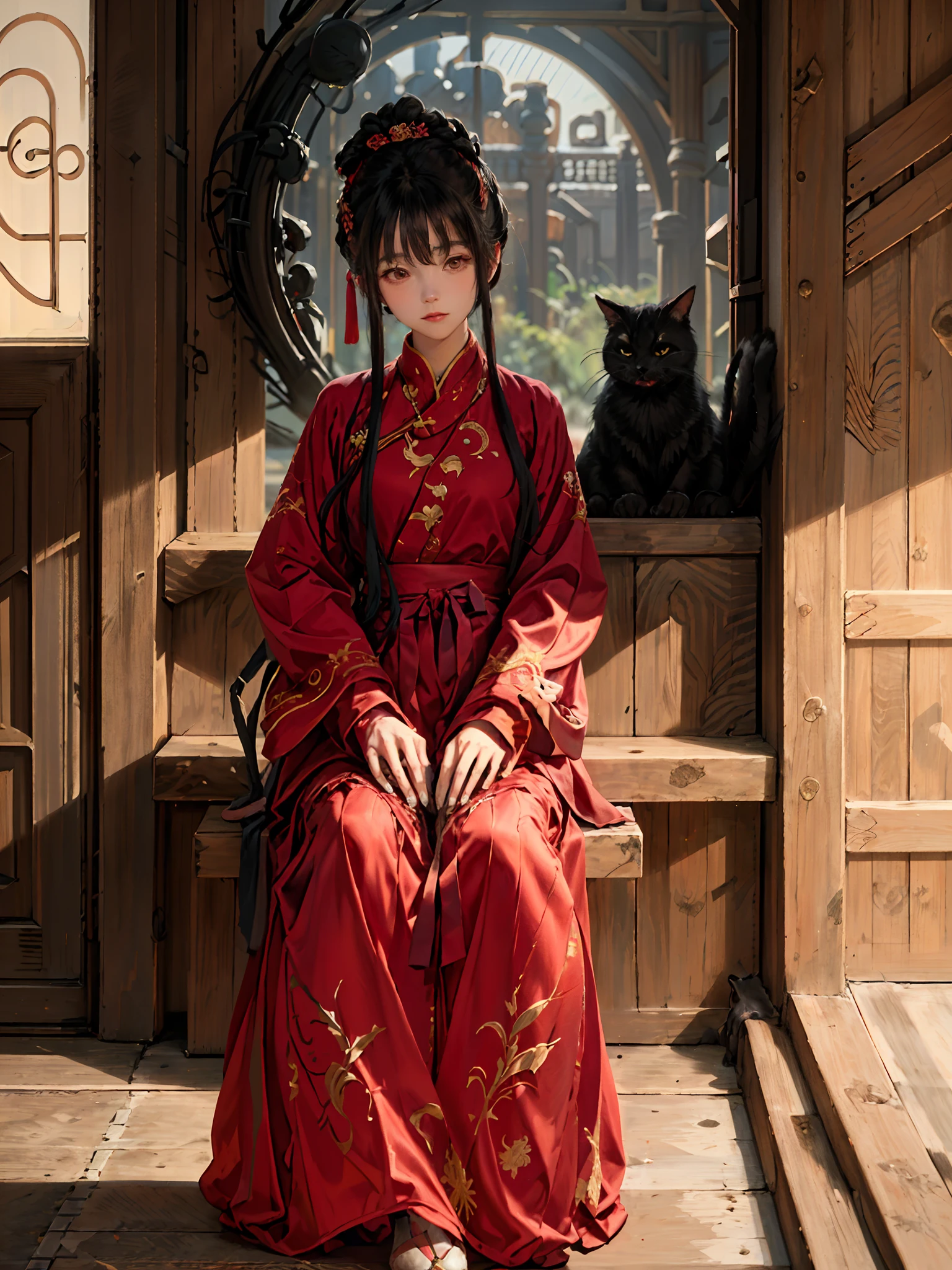 absurdes, haute résolution, ultra détaillé, (1fille:1.3), dessiné à la main, ligne simple, Fille de 16 ans en Hanfu chinois de couleur rouge , chef-d&#39;œuvre, assis à la chaise, intérieur, salle ancienne, clair de lune, avec un chat noir, la nuit, (1 chat)