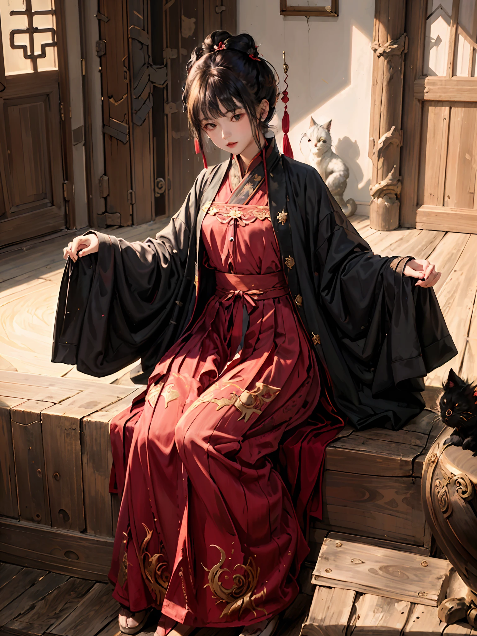 absurdres, highres, ultra detailed, (1girl:1.3), hand drawn, simple line, 16yo girl in red color Chinese Hanfu , masterpiece, sitting at the chair, indoor, ancient room, moon light, with a black cat, night time, (1 cat)