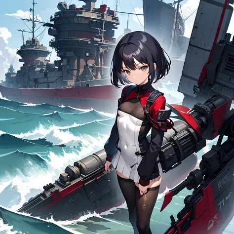 1 girl, solo, black hair, short hair, little girl, little child, mechanical rigging, small breasts, black tights, sea side