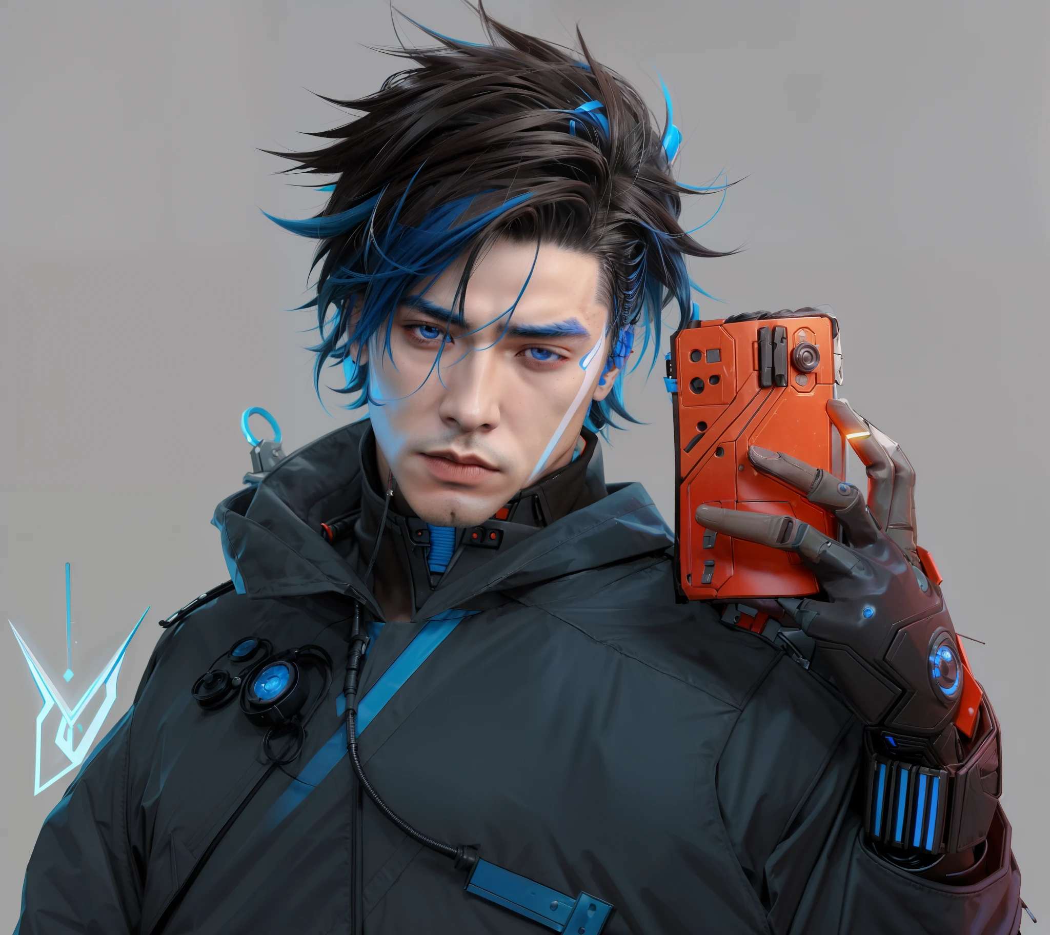 Beau jeune européen asiatique, peau blanche, cyberpunk, Yeux bleu-gris, Image d&#39;un homme à l&#39;allure futuriste avec une coiffure mohawk brun foncé, Beau garçon, Yuu Shirota, portrait, style artistique réaliste, Art du personnage masculin humain, héros cyberpunk, portrait detallado del personaje, personnage cyberpunk, portrait de un hombre cyberpunk, proportions réalistes, yeux bleus, sweat à capuche bleu, harnais noirs avec feux rouges, pas de tatouages au cou.